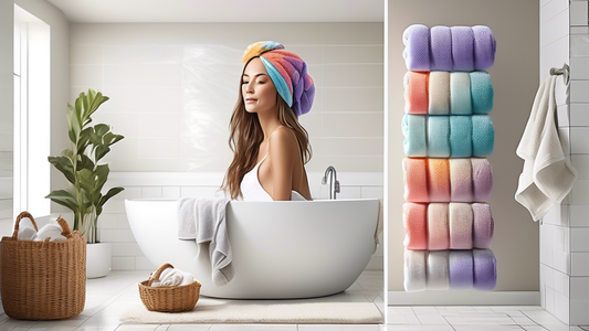 Create a realistic image featuring a serene bathroom with a well-lit vanity area. Showcase several colorful and stylish microfiber hair towels hanging neatly on hooks or rolled up in a decorative bask