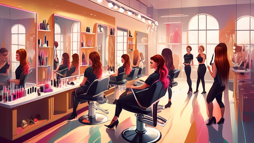 An elegant, sunlit salon with an experienced stylist demonstrating hair-cutting techniques to a group of eager cosmetology students. The stylist is holding scissors, focusing on intricate hair details