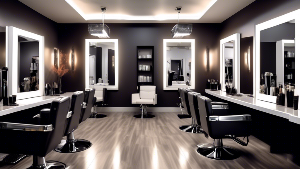 Create a high-quality digital image of a modern, stylish hair salon with a client sitting in a chair getting accent foil highlights. The client should have shoulder-length hair with a rich base color,