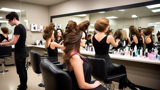 Create a detailed image of a modern classroom filled with licensed cosmetologists attending an advanced hair styling class. Showcase a professional instructor demonstrating intricate hair techniques o