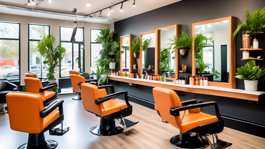 A vibrant, stylish hairdressing salon interior filled with natural light, showcasing modern styling chairs, sleek mirrors, and shelves stocked with premium hair care products. Friendly, skilled hairst