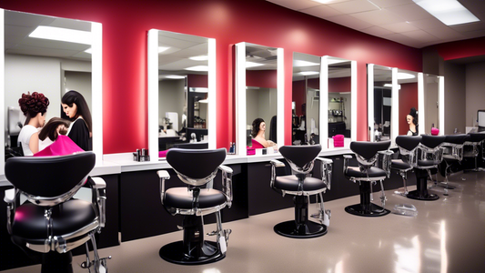 Create an image of a modern, stylish cosmetology school where enthusiastic students are engaged in hands-on training. The scene should feature a bright, welcoming salon environment with mirrors, styli