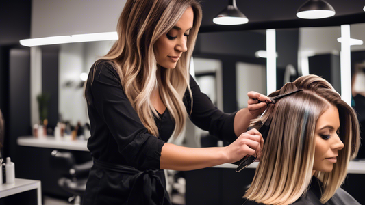 Create an image of a hairstylist in a modern salon setting skillfully applying hair dye to a client's hair using a balayage board with teeth. The stylist’s tools, including the balayage board, are wel