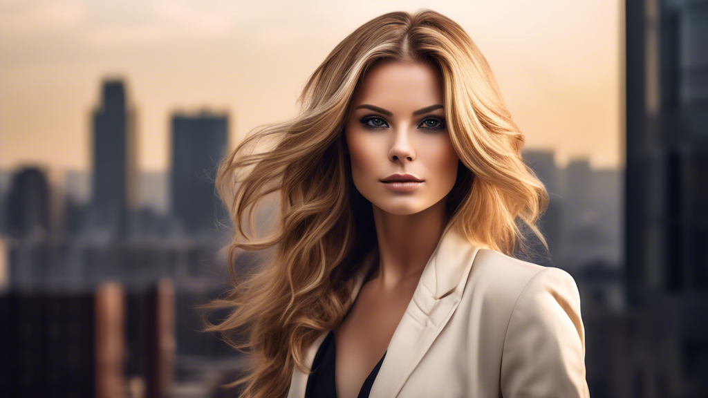 Create a high-fashion, modern portrait of a woman with rich brown hair featuring striking blonde highlights. The scene should be set in a stylish urban environment, with the city's skyline visible in 