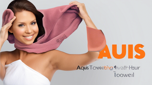 Create an image that illustrates a variety of benefits of using Aquis Hair Towels. Showcase a woman with healthy, shiny hair using a soft, luxurious Aquis Hair Towel to dry her hair. Include elements 