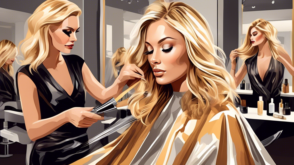 A high-fashion salon scene featuring a stylist applying blonde hair foils to a client. The client's hair showcases various stunning shades of blonde, including platinum, ash, honey, and caramel. The s