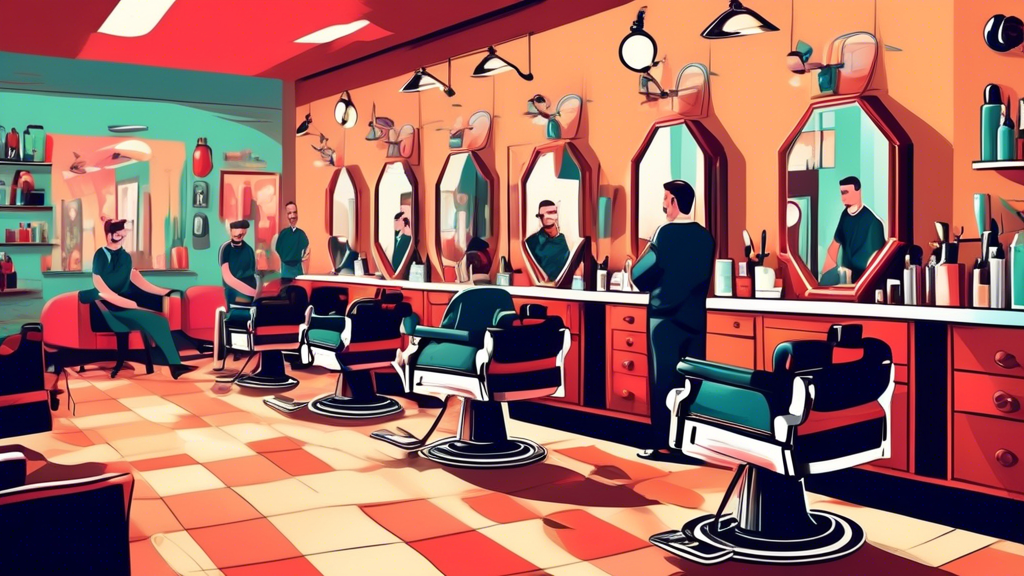 A bustling modern barber shop with a skilled men's hairdresser attentively cutting a client's hair, surrounded by sleek barber chairs and stylish decor. The scene exudes a friendly and professional at