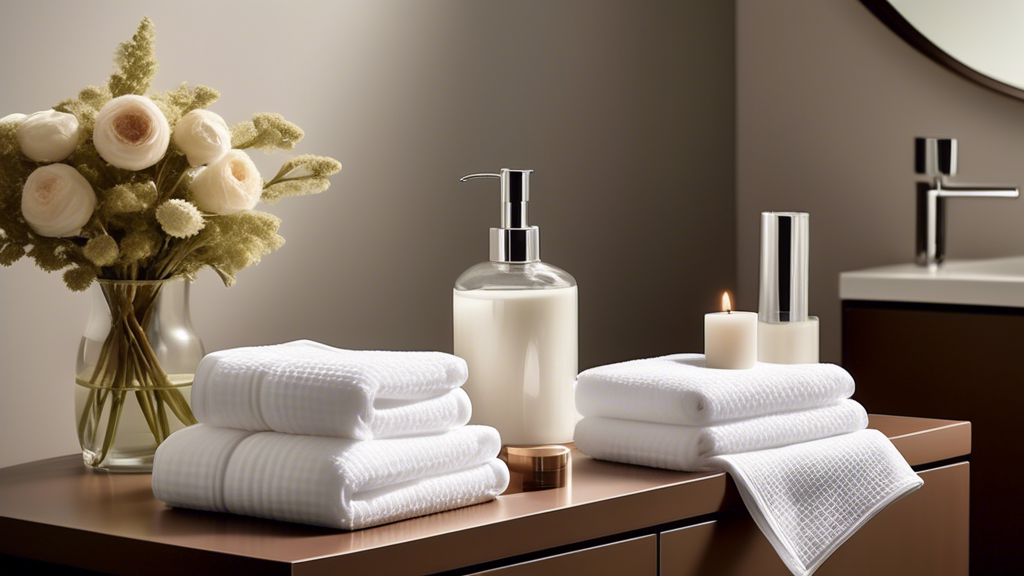 Create an image showcasing the luxurious experience of using Aquis Waffle Towels. Include a serene bathroom setting with soft, ambient lighting. Highlight the unique waffle texture of the towel, drape