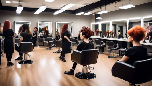 Create an image of a modern, stylish classroom set up for hair stylist training. The room should be filled with professional salon chairs and mirrors, mannequins with different hairstyles, and shelves