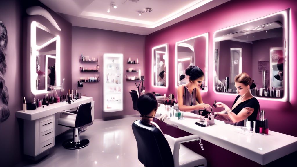 Create an image depicting 'The Art and Science of Cosmetology,' featuring a cosmetologist at work in a modern, state-of-the-art salon. The scene should be an elegant fusion of beauty and technology, w