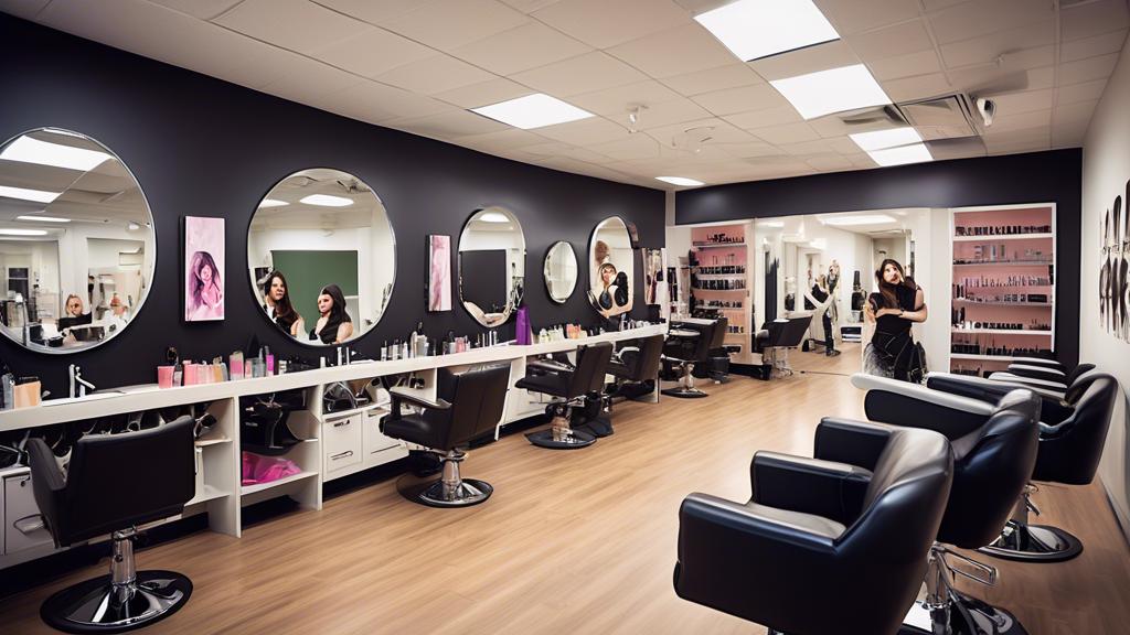 Create an image of a modern classroom at Aveda Cosmetology School filled with diverse students engaging in hands-on learning activities. Include students practicing hair styling, makeup application, a