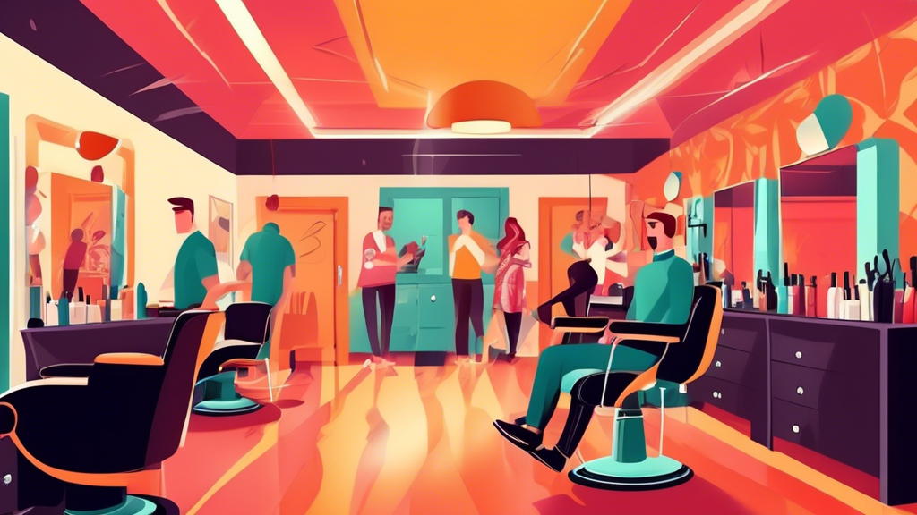 An inviting and stylish hair salon interior, showcasing a skilled male hairdresser expertly cutting a client's hair, with modern decor and smiling clients in the background. The atmosphere is warm and