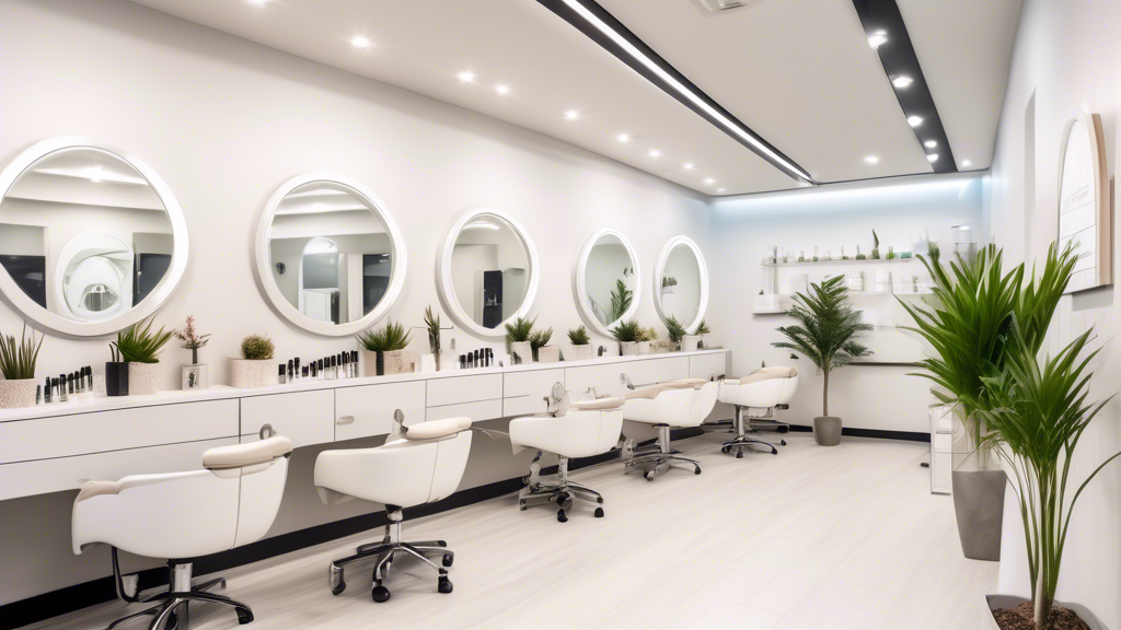 Create an image that showcases a modern, stylish esthetician school. The exterior should display a sign reading Top Accredited Esthetician School with a beautifully landscaped entrance. Inside, show b