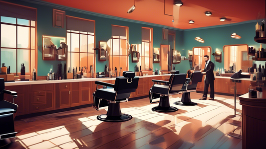 An upscale barbershop interior with natural light, featuring a lineup of professional male hair stylists in stylish attire working on clients' hair with precision. The background shows modern hairdres