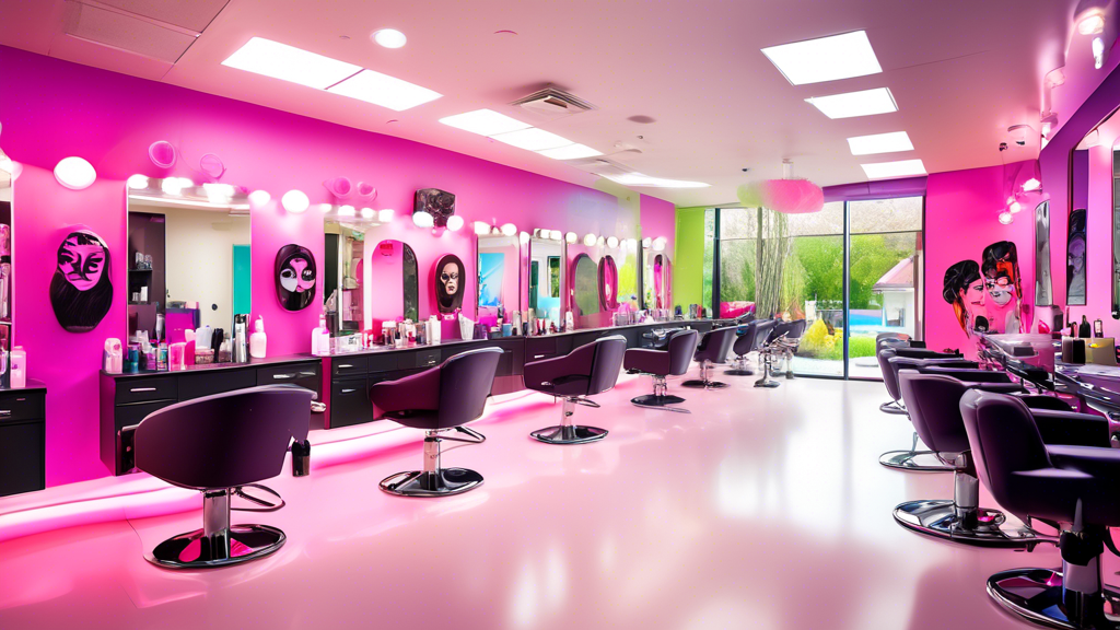 Create an image of a modern cosmetology school with students practicing various beauty treatments, such as hairstyling, makeup, and nail art, in a vibrant, professional setting. Showcase diverse stude