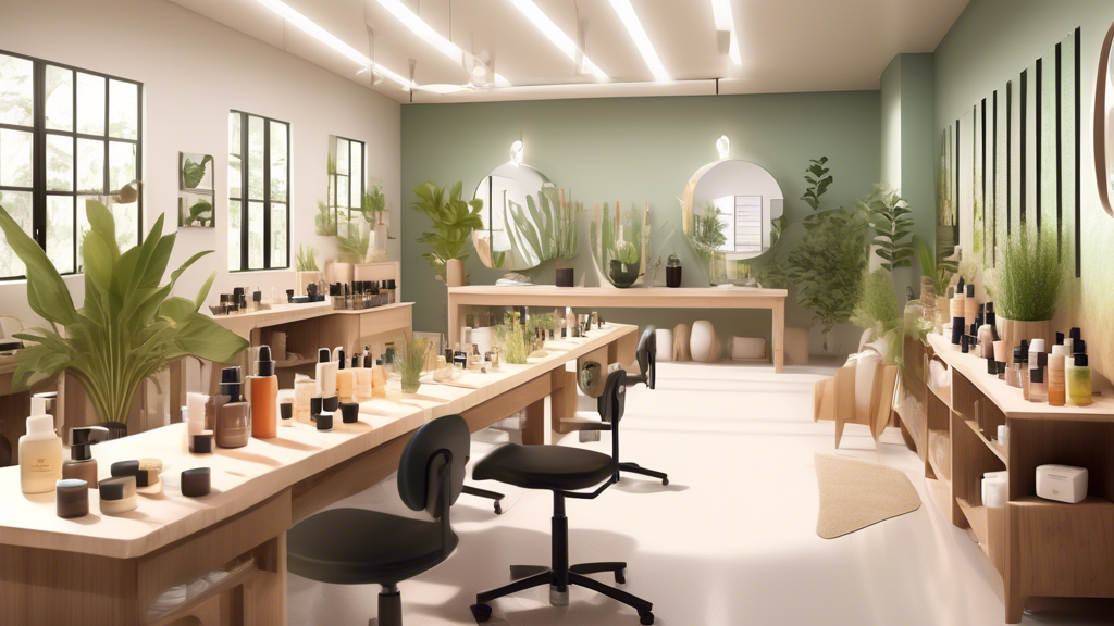 Create an image of a serene classroom scene inside the Aveda Institute, filled with students practicing skincare techniques on each other, surrounded by sleek, modern decor and natural elements like p