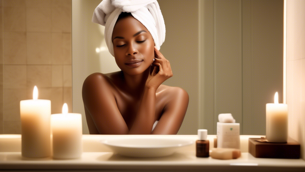 Create an image depicting a woman with a relaxed expression, comfortably wearing a stylish head towel wrap. She is seated in an elegantly decorated bathroom with soft lighting, showcasing a sense of c