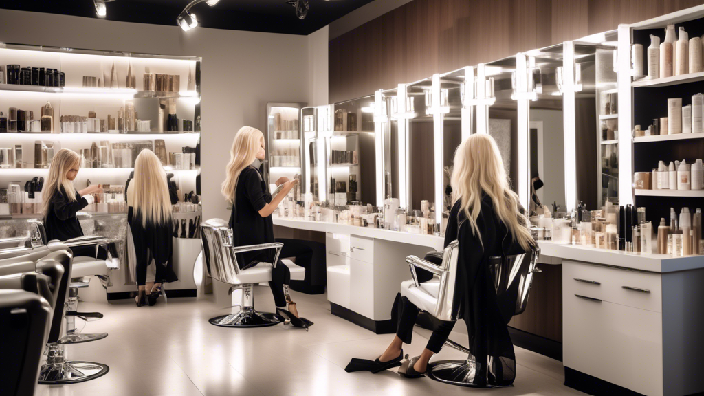 A high-resolution image of a woman in a modern salon, her hair neatly sectioned with aluminum foils as a stylist applies hair dye. The background features chic decor with well-lit mirrors and professi