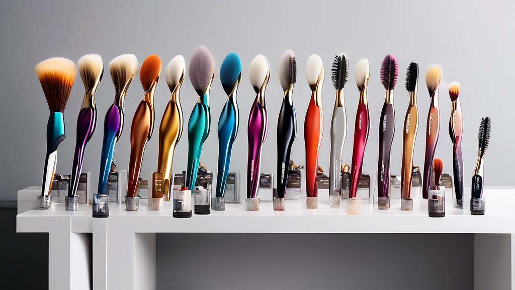 Create an image of a stylist holding a selection of Goldwell color brushes in various colors and sizes, displayed in an organized and aesthetically pleasing way on a salon countertop. Include a backdr