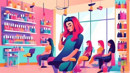 An inviting, modern hair school interior with students practicing hair styling under the supervision of a professional instructor, shelves filled with colorful hair products, and a banner that reads '