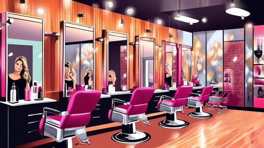 Create a detailed and realistic image of a modern hair salon interior with a professional hairstylist applying foil highlights to a client's hair. Include elements such as mirrors, beauty products, an