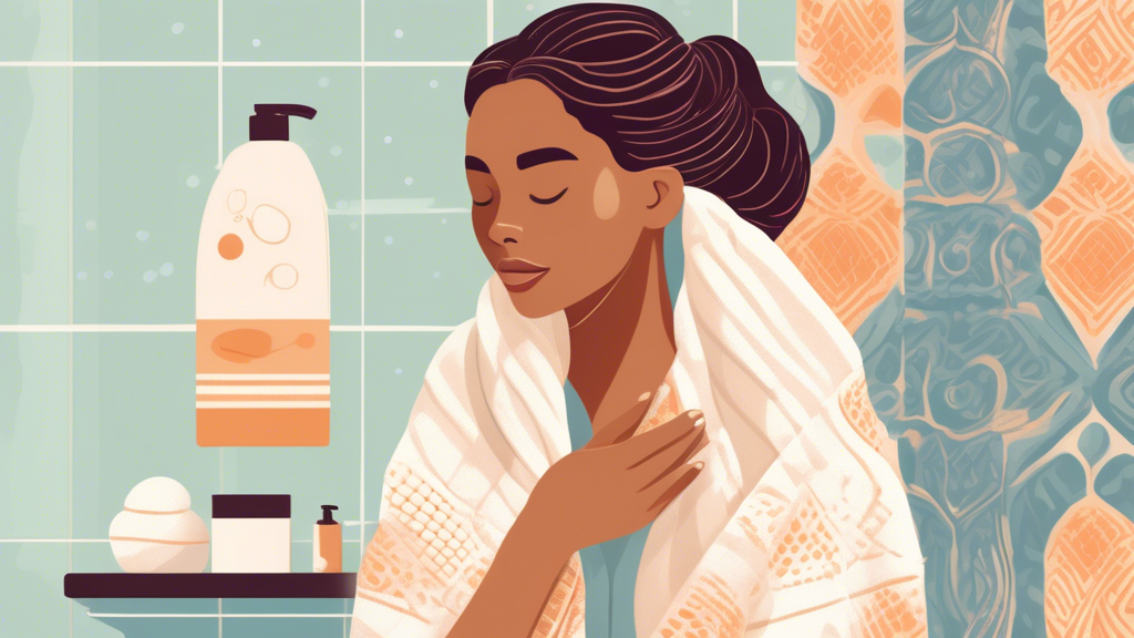 Create an image of a serene bathroom scene featuring a woman with wet hair, gently patting it dry with a soft, waffle-knit hair towel. Include close-up details of the towel's textured patterns and sho