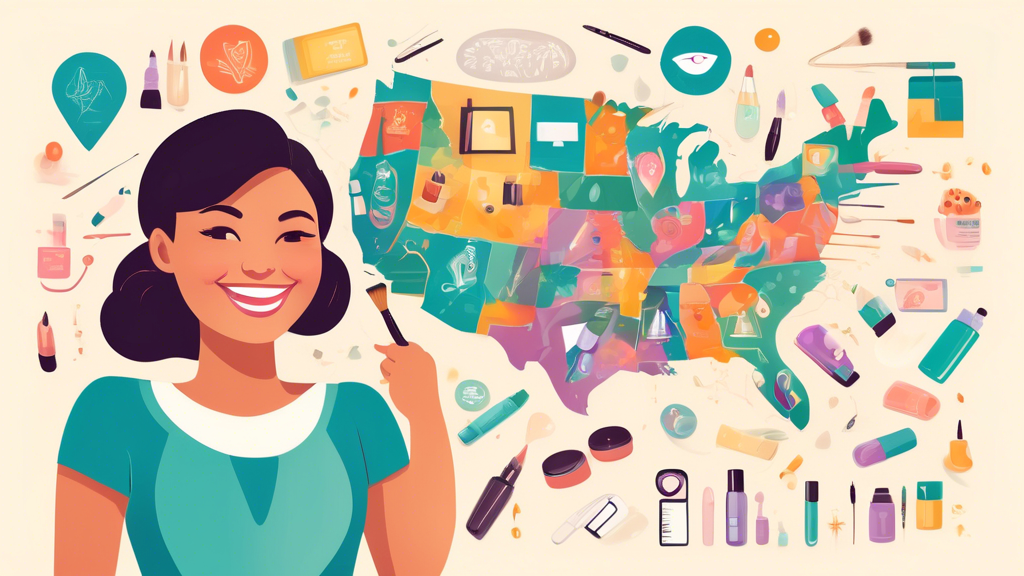 Create an image showing a smiling individual pointing at a map with various pins, surrounded by beauty and skincare equipment such as brushes, creams, and mirrors. The background should include icons 