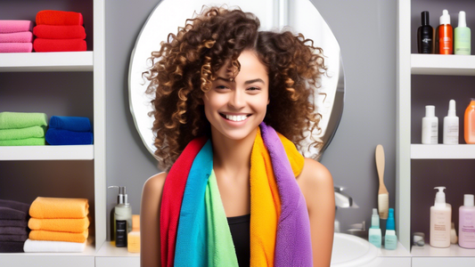 Create an image of a person with beautiful curly hair in front of a vanity mirror, gently drying their hair with a colorful and soft microfiber towel. The towel should have a plush texture and be drap