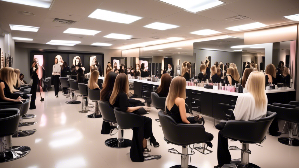 An elegant, sophisticated classroom setting filled with cosmetology professionals attentively listening to an expert lecturer. The environment showcases high-end beauty tools and products, interactive