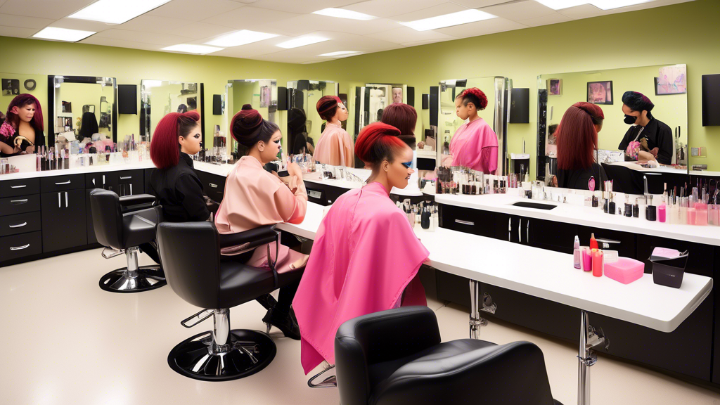 Create a detailed image of a professional cosmetology classroom where students are engaged in various advanced training activities. Include diverse students practicing hair, makeup, and skincare techn