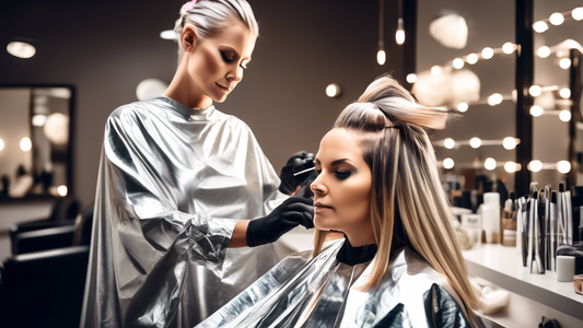 Create an image of a hairstylist in a brightly-lit modern salon meticulously applying aluminum foil to a client's hair for coloring. The stylist has a focused expression, and the client is relaxed, si