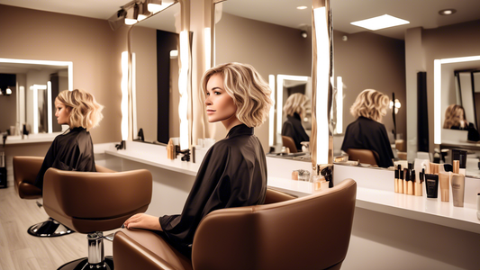 Create an image of a woman with short brown hair sitting in a modern, stylish salon. She is in the process of getting blonde foils applied to her hair by a professional hairstylist. The salon features