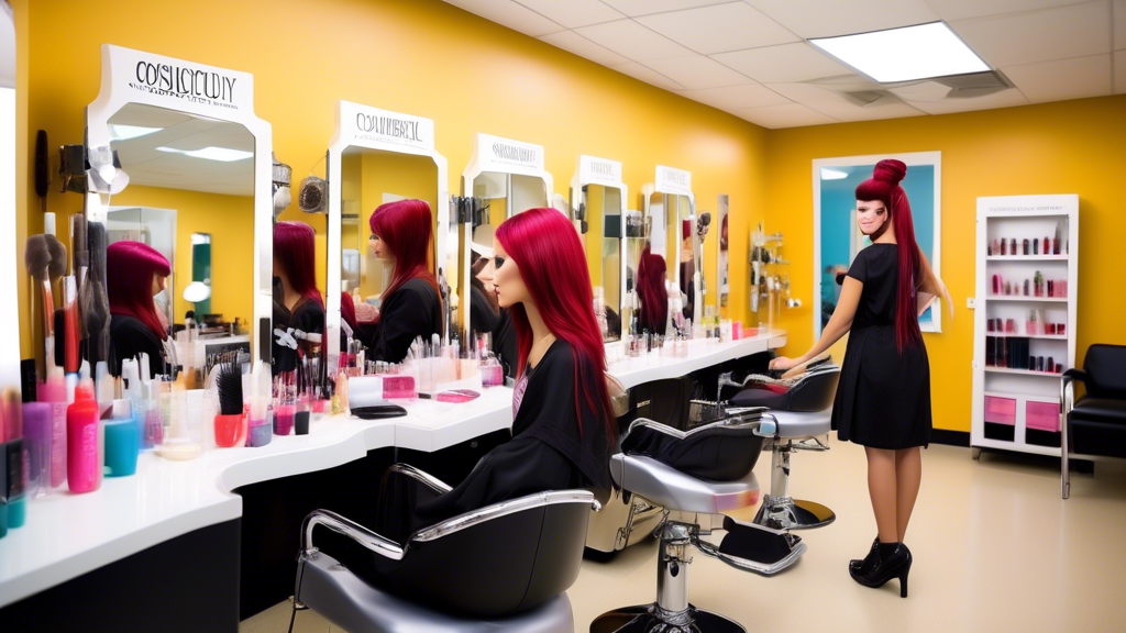 Create an image of a vibrant and modern cosmetology school, complete with students practicing hair styling, makeup application, and nail art. The school should feature well-lit classrooms, state-of-th