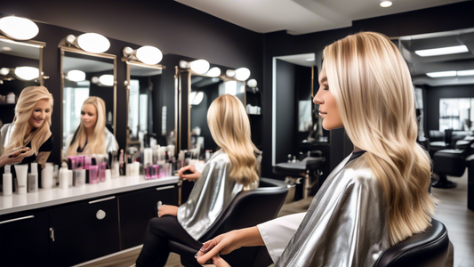 Create a vibrant and detailed image in a modern hair salon setting, showcasing a woman with luxurious, freshly done blonde foil highlights. The hairstylist is seen applying the final touches, with foi