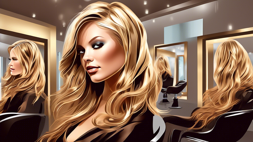 Create an image of a chic, modern salon setting with clients showcasing stylish blonde and brown foiled hair, reflecting a variety of contemporary haircuts and luxurious hair treatments. The hair shou