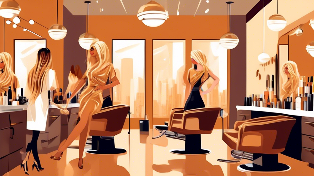 A stylish salon scene featuring a woman with beautifully styled hair enhanced with blonde and caramel foils. Her hair is a mix of rich caramel and bright blonde highlights, creating a sophisticated an