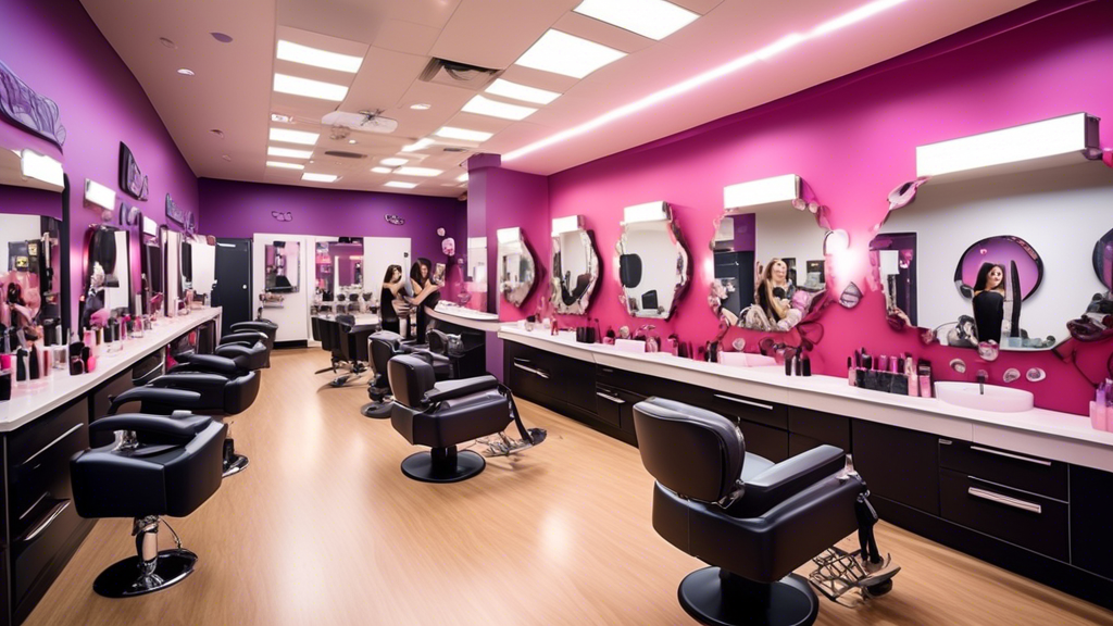 Create an image of a vibrant, modern cosmetology school with students actively engaged in various beauty treatments. Show diverse students practicing hairstyling, makeup application, nail artistry, an