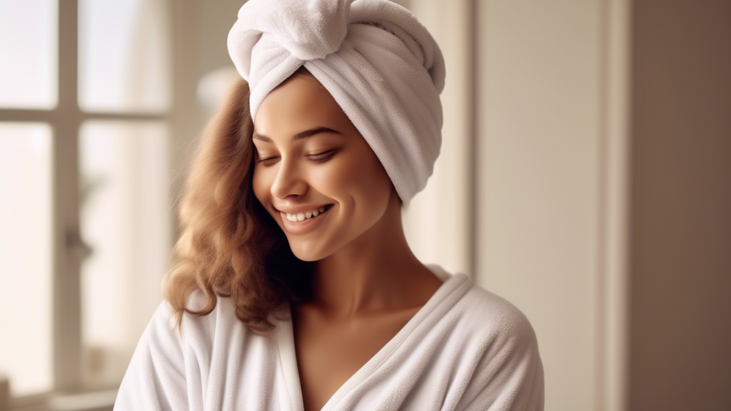 Create an image of a person with long hair looking fresh and relaxed, wearing a soft, absorbent towelling hair turban. The scene should be cozy, perhaps with a background of a serene bathroom setting,