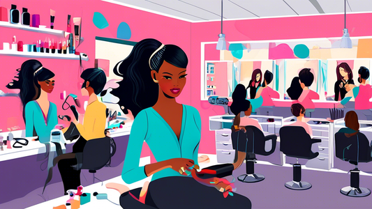 Create a detailed scene of a cosmetology school classroom filled with diverse students practicing hairstyling, makeup application, and nail design. Show the instructor guiding them, with educational p