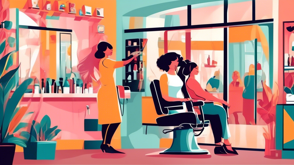 Create an image of a friendly, modern hair salon with a welcoming environment, located in a charming neighborhood. The hairdresser is in the middle of cutting a client's hair, with a clear sign in the