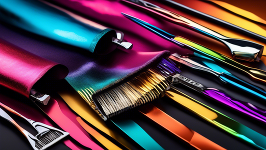 An artistic close-up of a professional hairstylist's workspace, showcasing vibrant Colortrak foil sheets in various bold metallic colors. The scene includes neatly arranged premium hair coloring tools