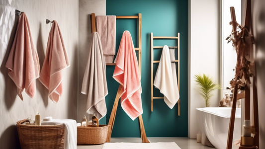 Create an image of a brightly lit bathroom with a variety of luxurious, soft hair drying towels displayed neatly. The towels are in different colors and patterns, emphasizing their plush and absorbent