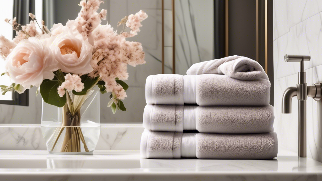 Create an image of a luxurious bathroom setting with elegant decor, showcasing a plush, ultra-absorbent hair towel from Volo Beauty. Highlight the towel's soft texture and premium quality as it gently