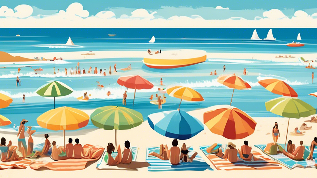 A picturesque beach scene featuring vibrant, oversize beach towels spread out on the sand, with people lounging on them. Highlight the extra space and comfort these towels provide, showing individuals