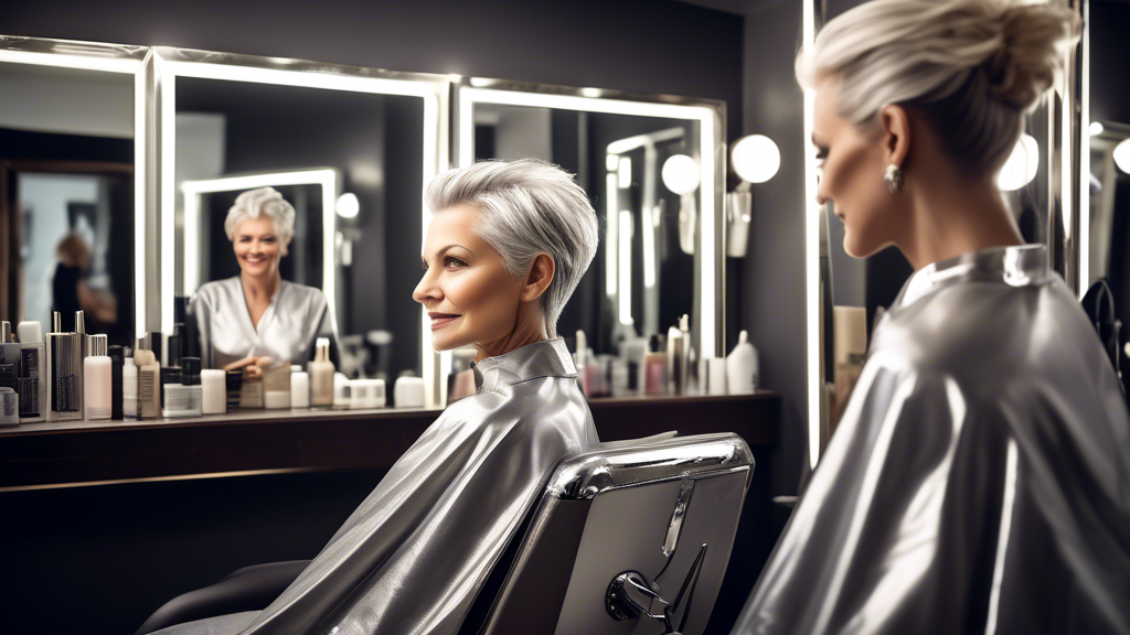 Create a detailed, high-resolution image of an elegant woman with grey hair styled with blonde foils. She is sitting in a chic hair salon, with a stylist applying the foils. The salon has modern decor