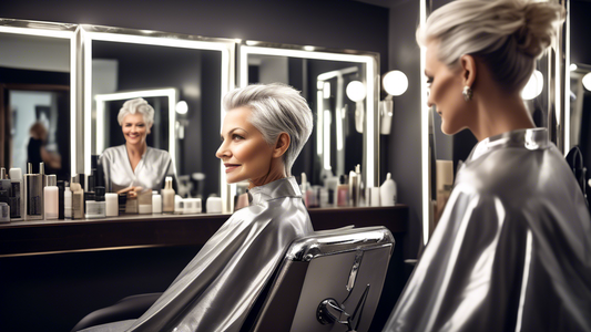 Create a detailed, high-resolution image of an elegant woman with grey hair styled with blonde foils. She is sitting in a chic hair salon, with a stylist applying the foils. The salon has modern decor