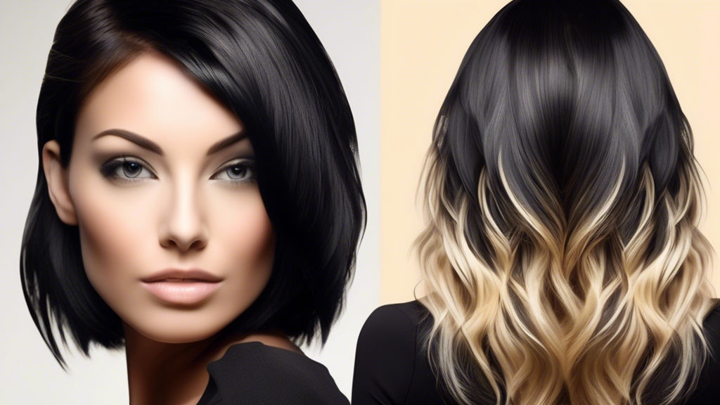 Create an image showcasing a close-up of a woman's head from the back, highlighting her vibrant black hair with strategically placed blonde foils. The foils should create a striking and visually appea