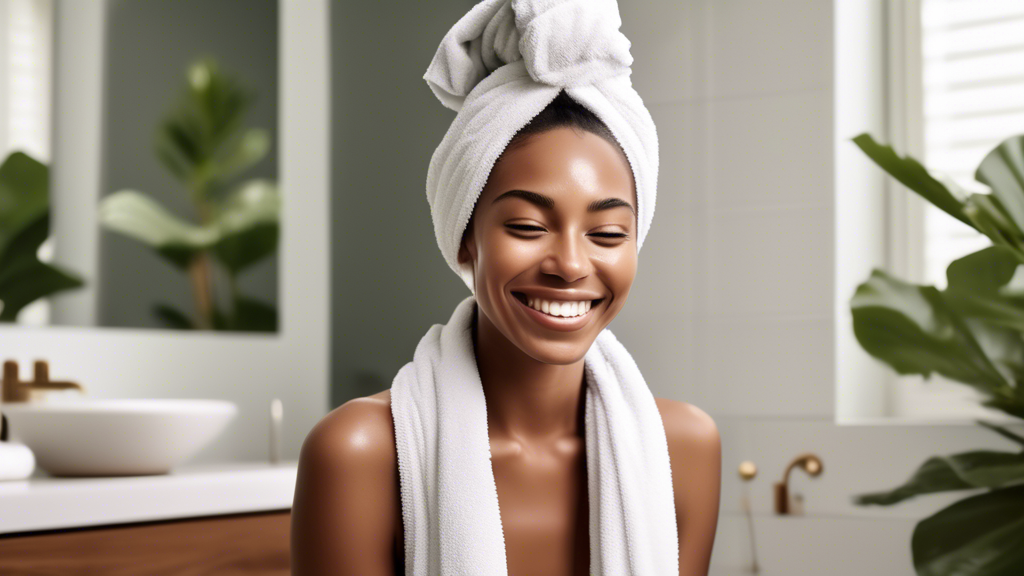 Create an image of a serene bathroom scene featuring a person with a happy expression, wrapping a soft, fluffy head towel around their wet hair. The bathroom is stylish with subtle, elegant details li