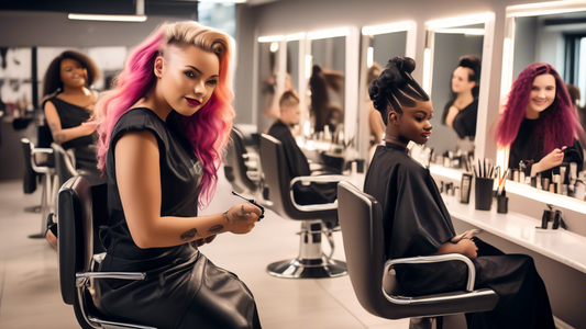 Create an image showcasing a diverse group of enthusiastic students in a modern, brightly lit hairdressing school. The classroom should be equipped with salon chairs, mirrors, and various hair styling