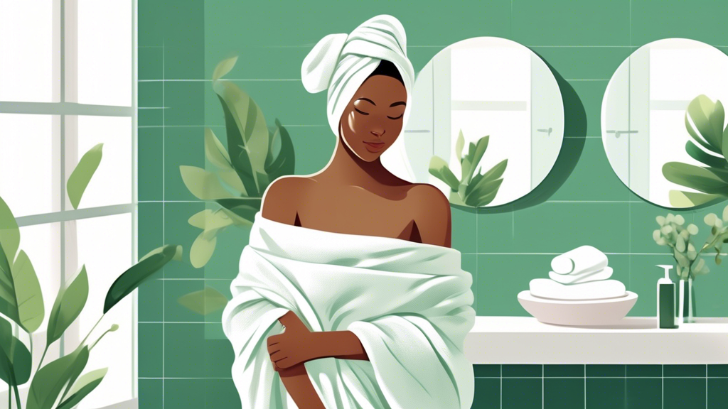 Create an image showcasing a serene bathroom scene with a person happily wearing a soft, white cotton hair towel wrap. Display glossy, healthy hair peeking out from under the towel. Include elements l